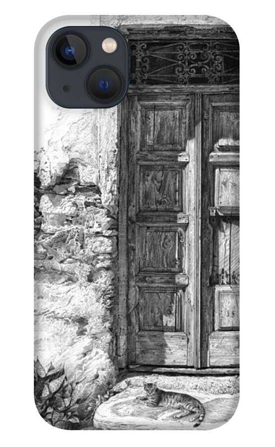 Drawing iPhone 13 Case featuring the drawing Secret of the Closed Doors by Sergey Gusarin