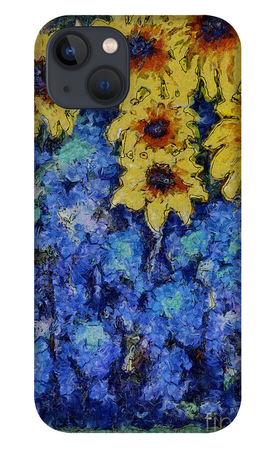 Sunflowers iPhone 13 Case featuring the photograph Six Sunflowers on Blue by Claire Bull