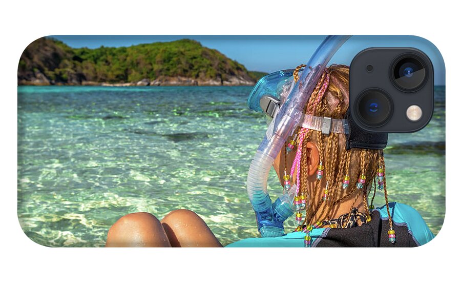 Snorkeler iPhone 13 Case featuring the photograph Snorkeler relaxing on tropical beach by Benny Marty