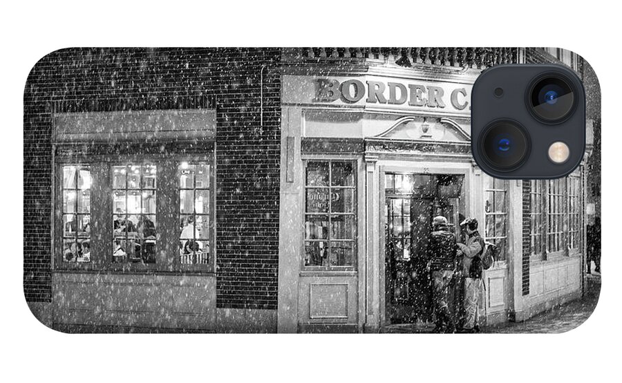 Harvard iPhone 13 Case featuring the photograph Snowy Harvard Square Night Border Cafe Black and White by Toby McGuire