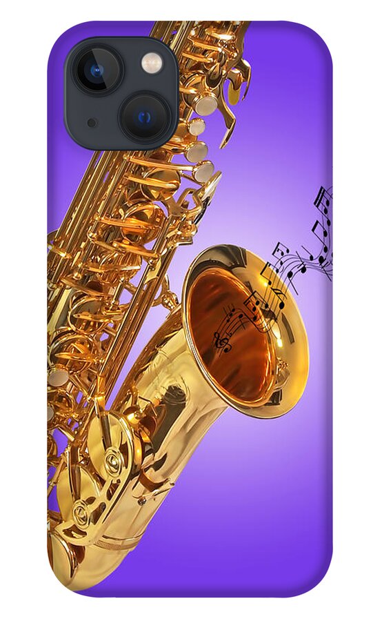 Music iPhone 13 Case featuring the photograph Sounds of the Sax in Purple by Gill Billington