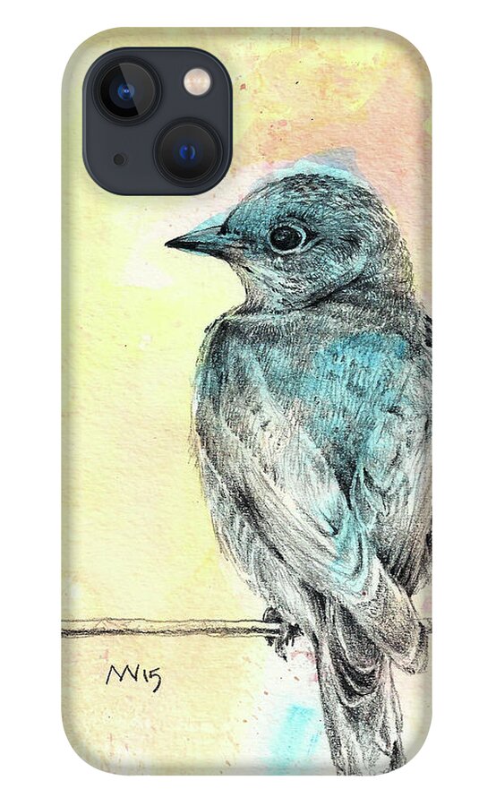 Bluebird iPhone 13 Case featuring the mixed media Spring Bluebird by AnneMarie Welsh