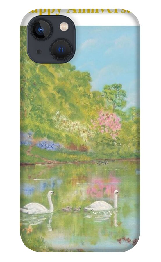 Anniversary iPhone 13 Case featuring the painting Spring swans anniversary card by David Capon