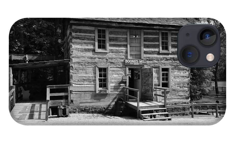 Log Buildings iPhone 13 Case featuring the photograph Squire Boone's Mill black and white by Stacie Siemsen