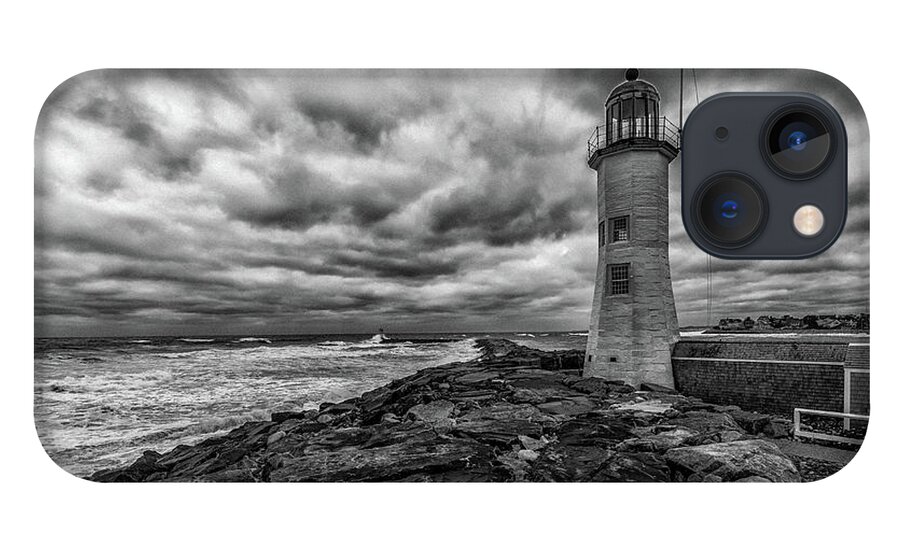 Storm Clouds Over Old Scituate Lighthouse In Black And White iPhone 13 Case featuring the photograph Storm Clouds over Old Scituate Lighthouse in Black and White by Brian MacLean