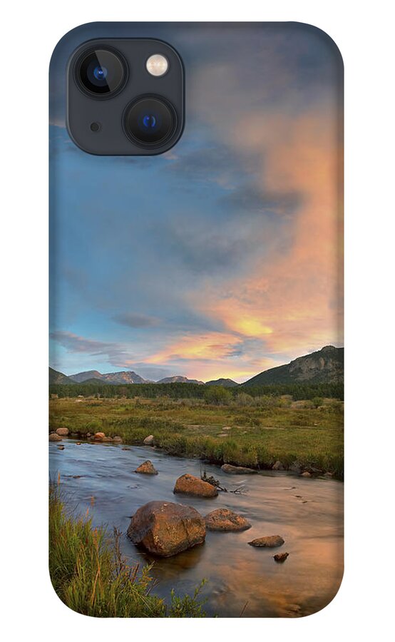 00175151 iPhone 13 Case featuring the photograph Sunset Over River And Peaks In Moraine by Tim Fitzharris