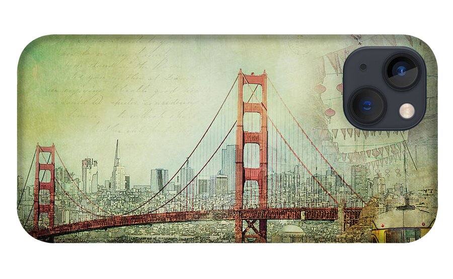 San Francisco iPhone 13 Case featuring the photograph Suspension - Golden Gate Bridge San Francisco Photography Mixed Media Collage by Melanie Alexandra Price