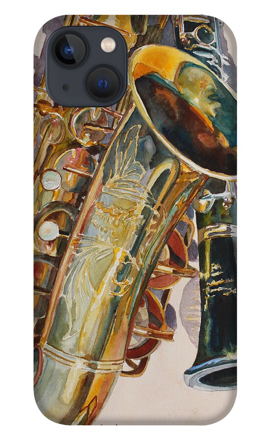 Saxophone iPhone 13 Case featuring the painting Taking a Shine to Each Other by Jenny Armitage