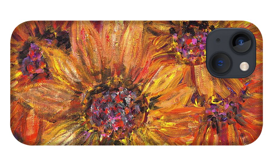 Yellow iPhone 13 Case featuring the painting Textured Gold and Red Sunflowers by Nadine Rippelmeyer