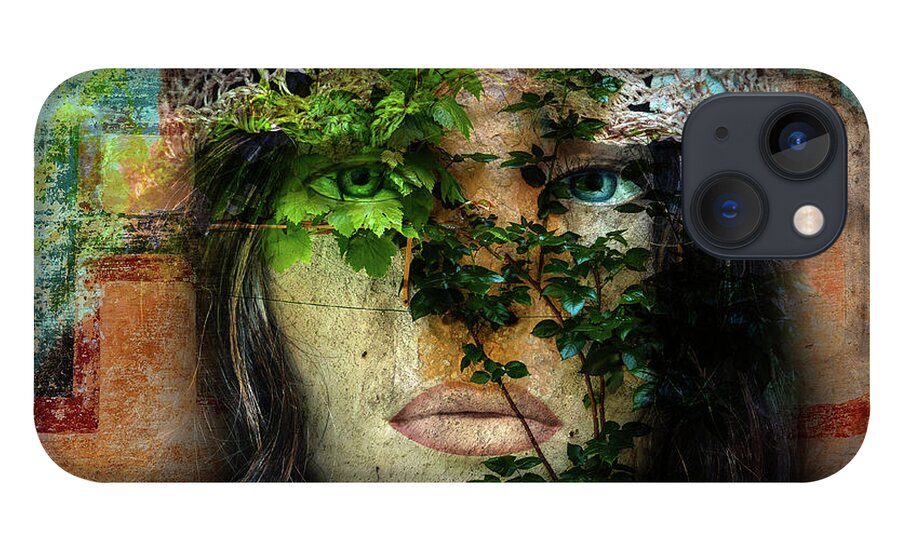 Face iPhone 13 Case featuring the digital art The face with the green leaves by Gabi Hampe
