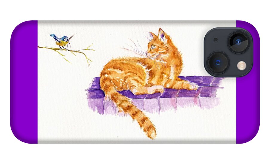 Blue Tit iPhone 13 Case featuring the painting Ginger Cat - The New Neighbour by Debra Hall