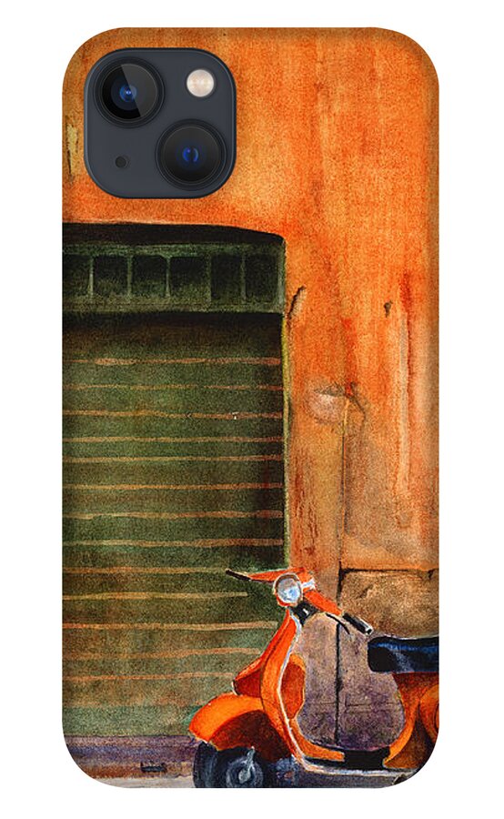 Vespa iPhone 13 Case featuring the painting The Orange Vespa by Karen Fleschler