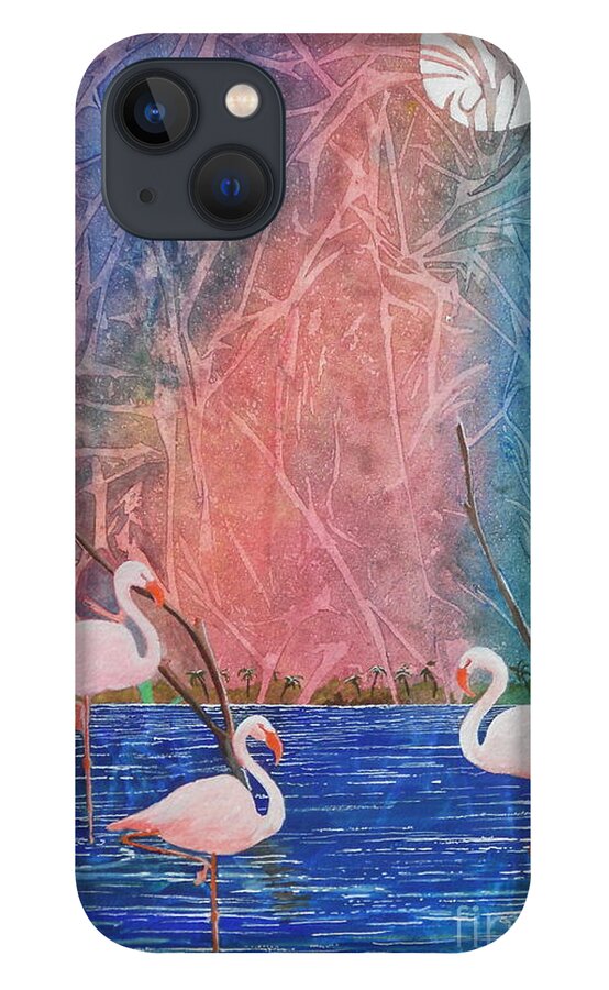 Flamingos iPhone 13 Case featuring the painting Three Pink Flamingos by Jackie Mueller-Jones