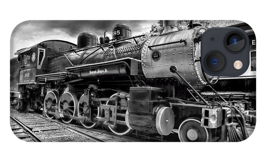 Paul Ward iPhone 13 Case featuring the photograph Train - Steam Engine Locomotive 385 in black and white by Paul Ward