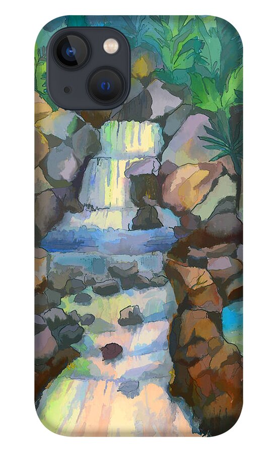 Waterfall iPhone 13 Case featuring the painting Tropical Rainbow Waterfall by Arline Wagner