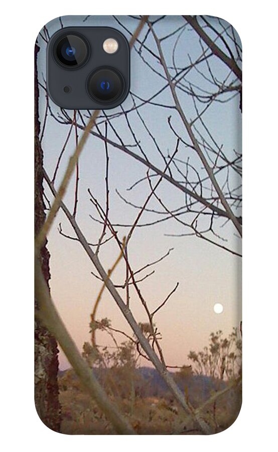 Twilight iPhone 13 Case featuring the photograph Twighlight Moon Between Trees by Feather Redfox