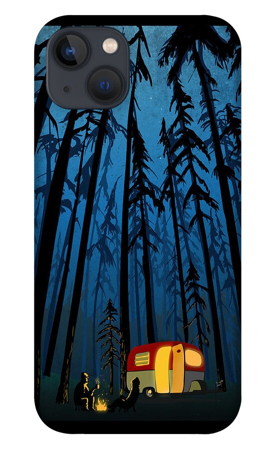 Camper In The Woods iPhone 13 Case featuring the painting Twilight Camping by Sassan Filsoof
