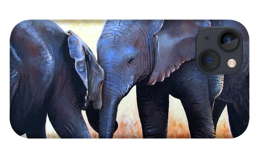 Elephants iPhone 13 Case featuring the painting Two Little Elephants by Paul Dene Marlor