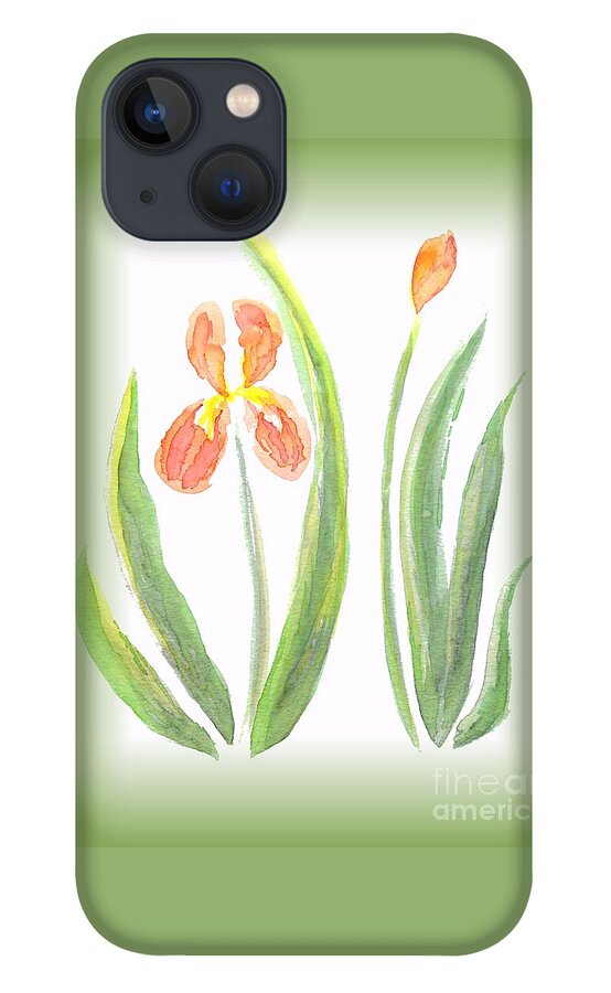 Art iPhone 13 Case featuring the painting Two Orange Iris green frame by Delynn Addams