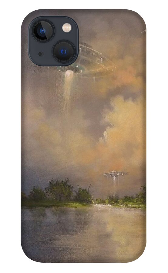 Ufo iPhone 13 Case featuring the painting UFOs Above the Lake by Tom Shropshire