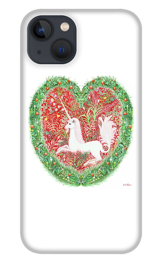 Lise Winne iPhone 13 Case featuring the painting Unicorn Heart with Millefleurs by Lise Winne