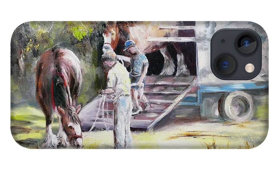 Clydesdales iPhone 13 Case featuring the painting Unloading the Clydesdales by Ryn Shell
