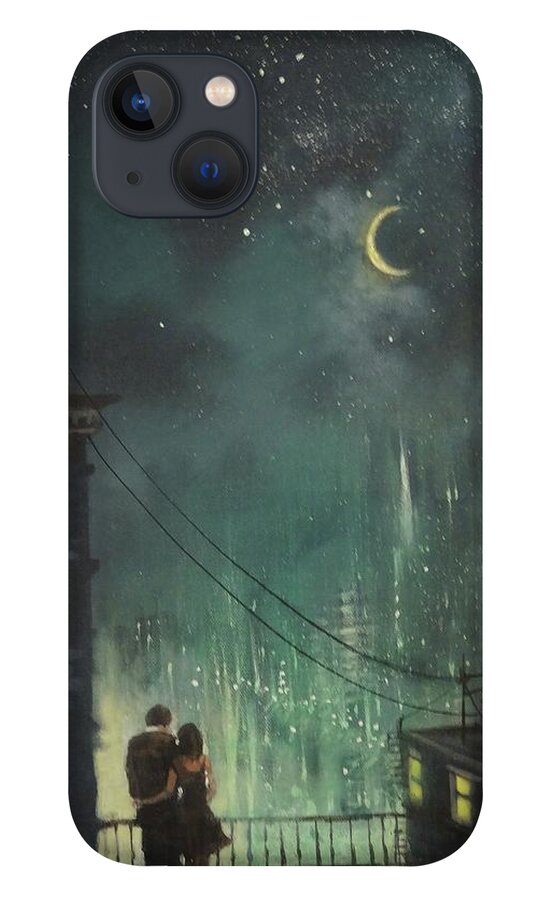 Up On The Roof; The Drifters; City Roof; Night City; Moon And Stars; Tom Shropshire Painting; City Lights; Crescent Moon; Couple On The Roof; Urban Landscape; Romance iPhone 13 Case featuring the painting Up On The Roof by Tom Shropshire