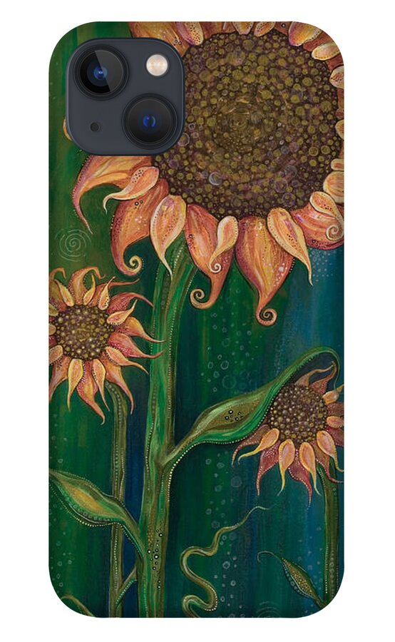 Sunflowers On Green Background iPhone 13 Case featuring the painting Vivacious by Tanielle Childers