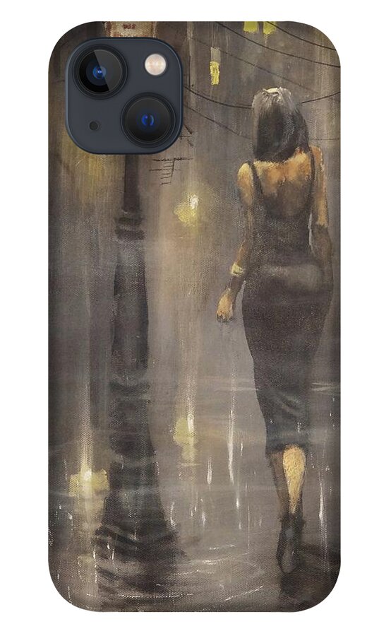 Patsy Cline; Woman In Black Dress; Foggy Alley; Night City Scene; City Rain; Tom Shropshire Painting; Figure Art iPhone 13 Case featuring the painting Walking After Midnight by Tom Shropshire
