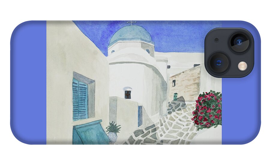 Paros iPhone 13 Case featuring the painting Watercolor - Paros Church and Street Scene by Cascade Colors