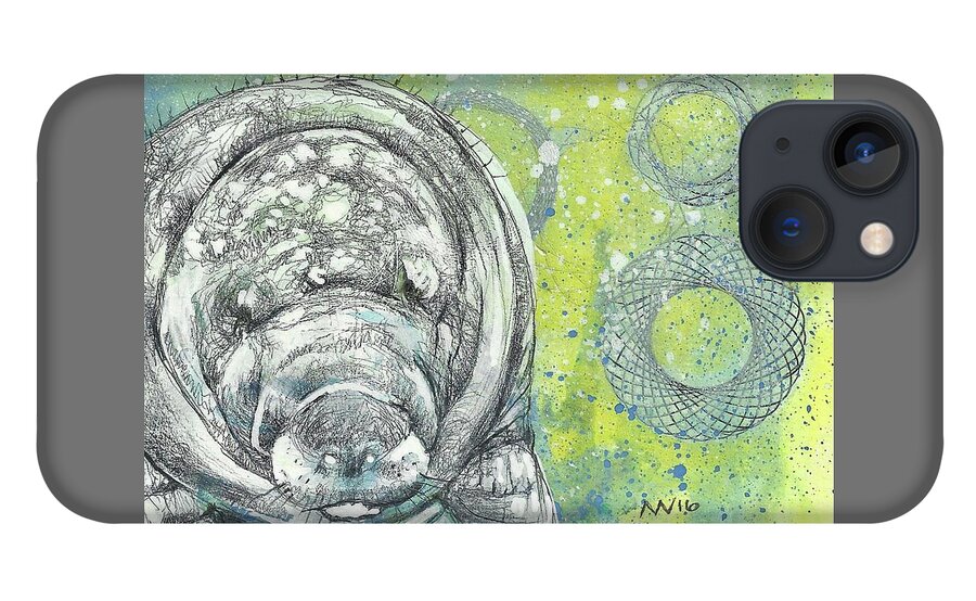 Manatee iPhone 13 Case featuring the mixed media Whimsical Manatee by AnneMarie Welsh