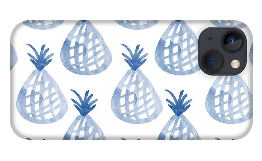 Pineapple iPhone 13 Case featuring the mixed media White and Blue Pineapple Party by Linda Woods