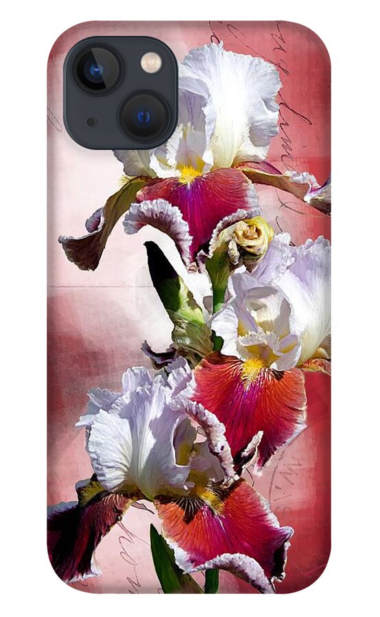 Beautiful iPhone 13 Case featuring the digital art White and Burgundy Irises by Debra Baldwin