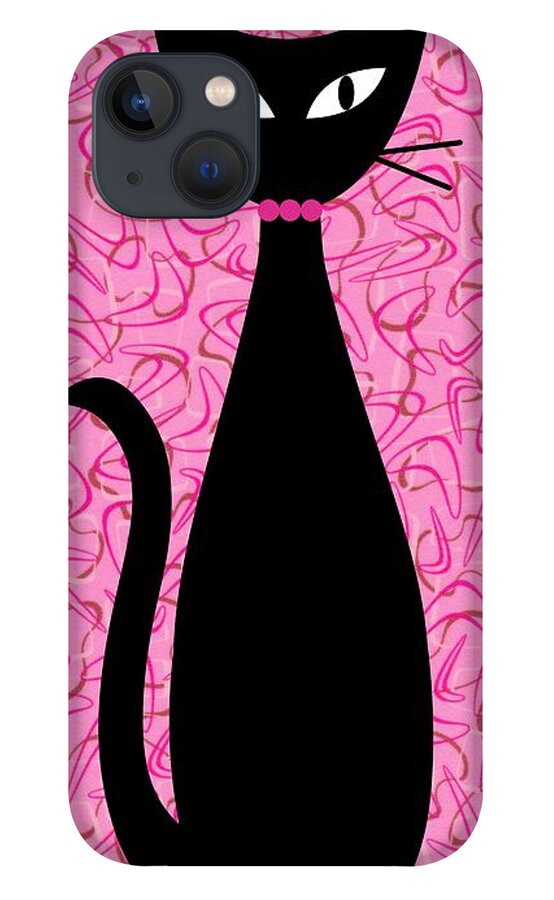 Mid Century Modern iPhone 13 Case featuring the digital art Boomerang Cat in Pink by Donna Mibus