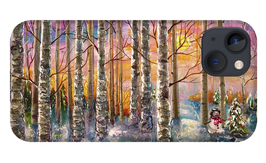 Impressionism iPhone 13 Case featuring the digital art Dylan's Snowman - Winter Sunset Landscape Impressionistic Painting with palette knife by O Lena