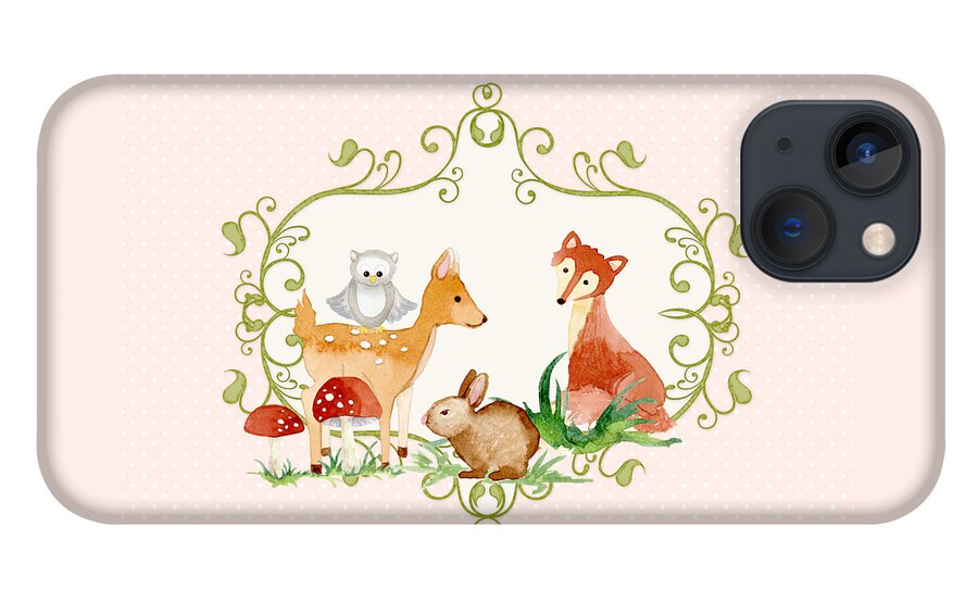 Woodland iPhone 13 Case featuring the painting Woodland Fairytale - Animals Deer Owl Fox Bunny n Mushrooms by Audrey Jeanne Roberts