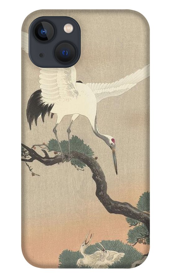 Flower iPhone 13 Case featuring the painting Japanese crane bird on branch of pine, Ohara Koson, 1900 - 1930 b #1 by Ohara Koson