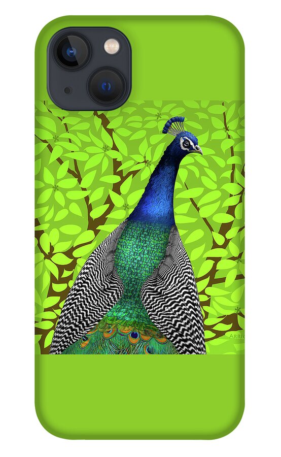Peacock In Tree iPhone 13 Case featuring the painting Peacock in Tree, Lime Green, Square by David Arrigoni