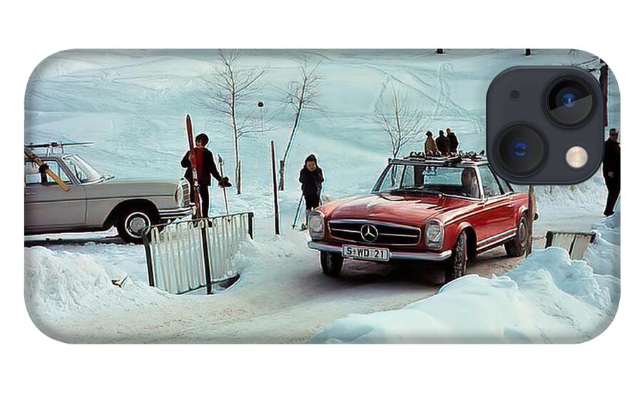 Vintage iPhone 13 Case featuring the photograph 1966 Mercedes Benz 230sl With Skiers Mountain Setting by Retrographs