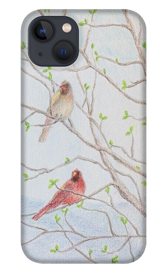 Framed Prints iPhone 13 Case featuring the drawing A pair of cardinals on magnolia tree by Milly Tseng