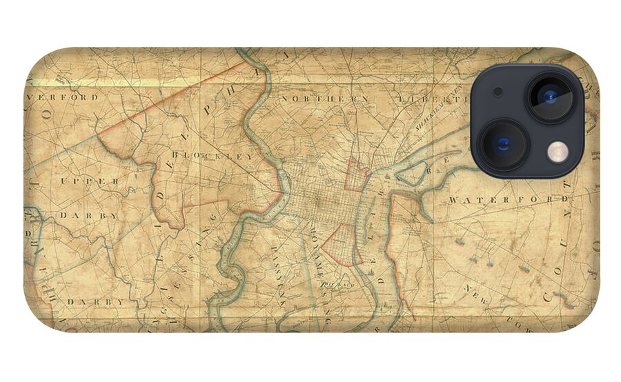 Map iPhone 13 Case featuring the mixed media A plan of the City of Philadelphia and Environs, 1808-1811 by John Hills