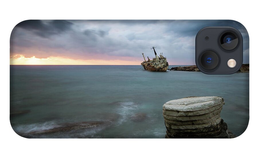 Seascape; Coastline; Sunset; Sundown iPhone 13 Case featuring the photograph Abandoned Ship EDRO III Cyprus by Michalakis Ppalis