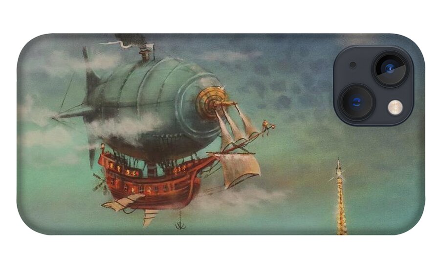 Steampunk Airship iPhone 13 Case featuring the painting Airship Over Paris by Tom Shropshire