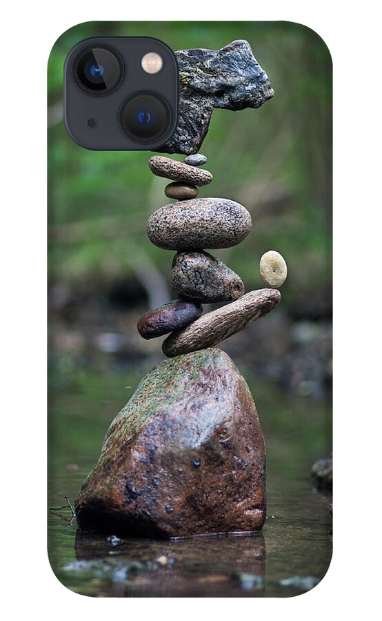 Meditation Zen Yoga Mindfulness Stones Nature Land Art Balancing Sweden iPhone 13 Case featuring the sculpture Balancing art #18 by Pontus Jansson