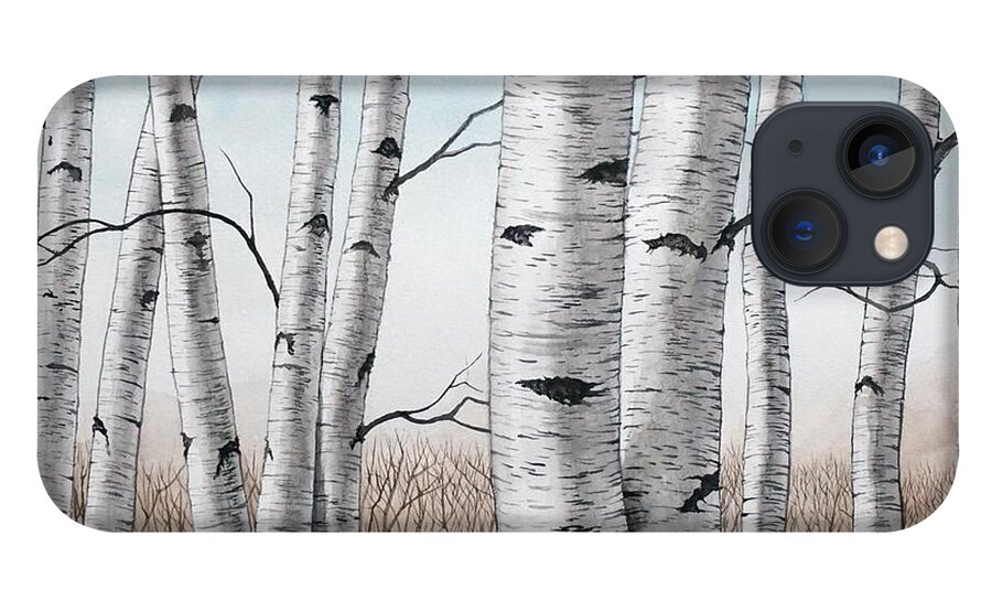 Birch iPhone 13 Case featuring the painting Birch Trees in Early Winter in Watercolor by Christopher Shellhammer