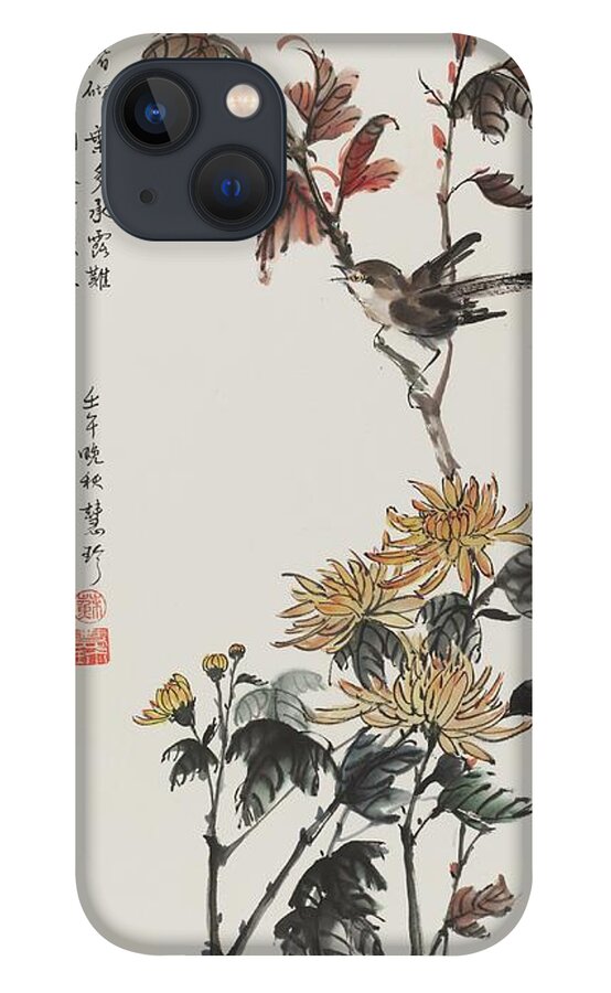 Chinese Watercolor iPhone 13 Case featuring the painting Chrysanthemums and Sparrow by Jenny Sanders