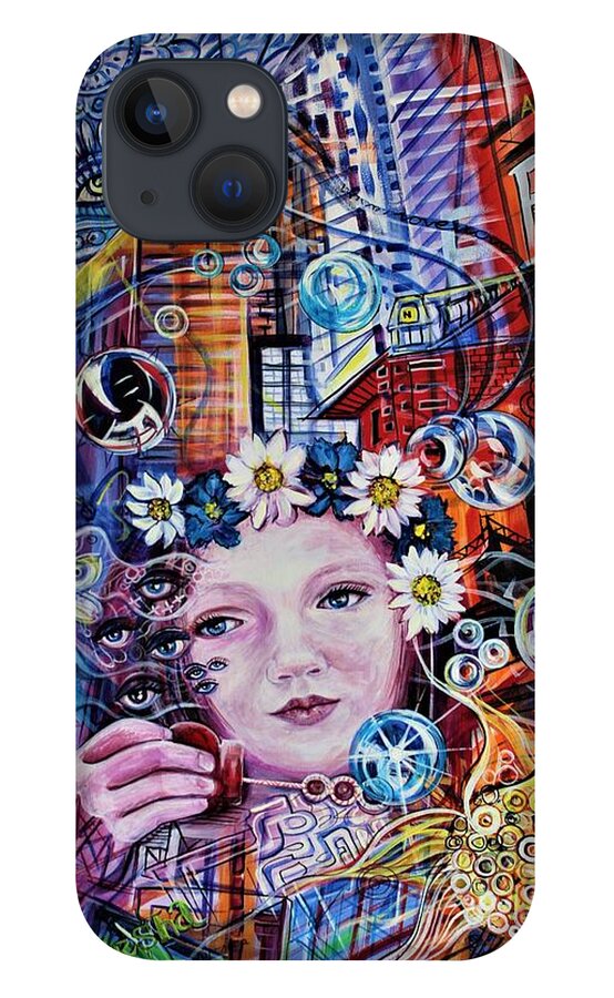 New York iPhone 13 Case featuring the painting Blowing Bubbles in NY by Yelena Tylkina
