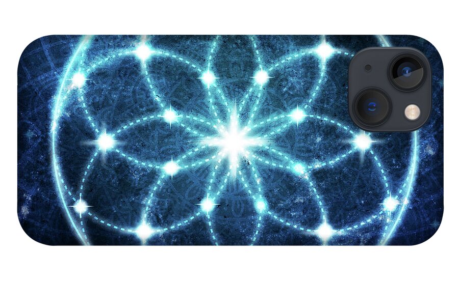 Seed Of Life iPhone 13 Case featuring the digital art Blue Cosmic Geometric Flower Mandala by Laura Ostrowski