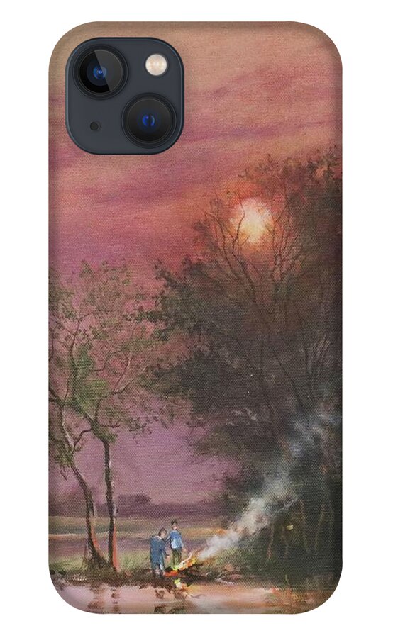 ; Bonfire iPhone 13 Case featuring the painting Bonfire By The Creek by Tom Shropshire