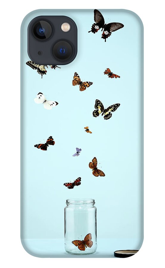 Animal Themes iPhone 13 Case featuring the photograph Butterflies Escaping From Jar by Martin Poole